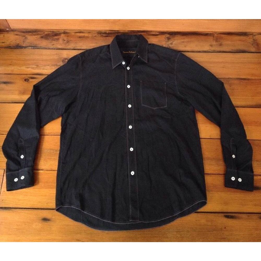 Tommy Bahama Black Cotton Blend Button-up Long Sleeve Mens Shirt L 48"